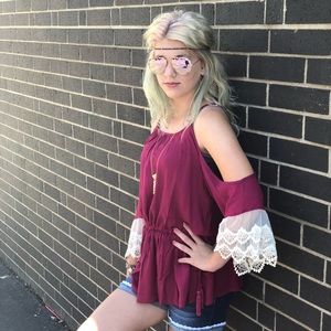 Umgee Burgundy Cold Shoulder and Lace